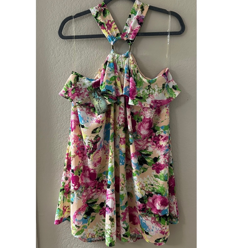 Gypsies & Cowgirls Entro Floral Ruffle Halter Top Pink Peach O-Ring Large D7847